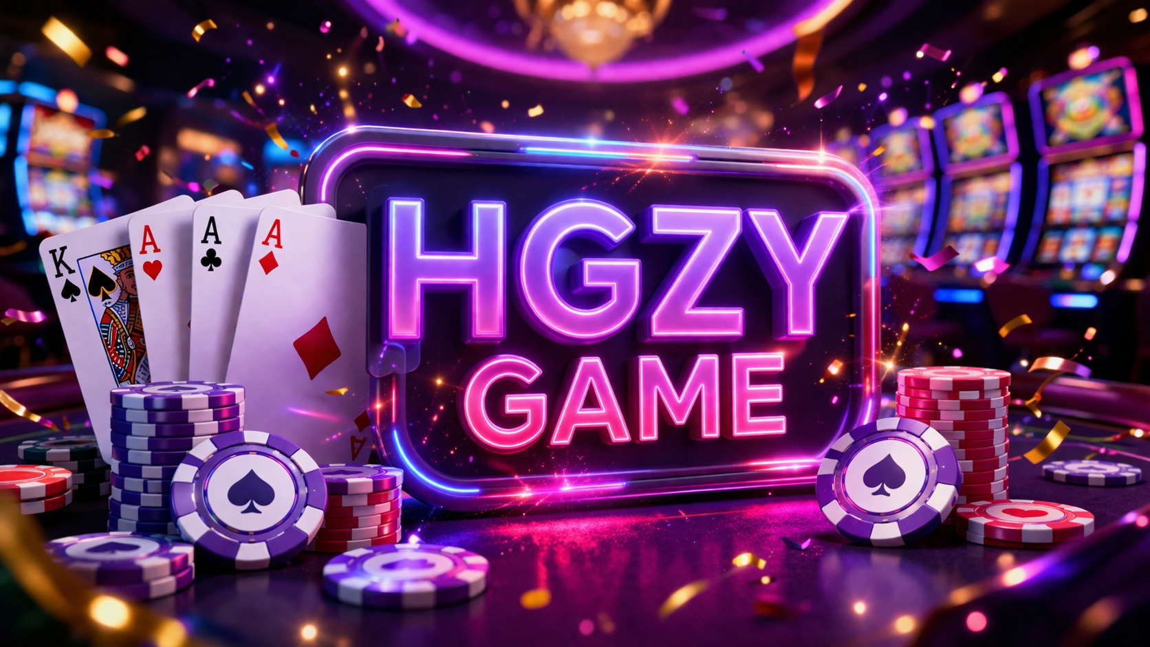 HGZY Game casino and lottery app banner with cards, chips, dice, and red gaming background