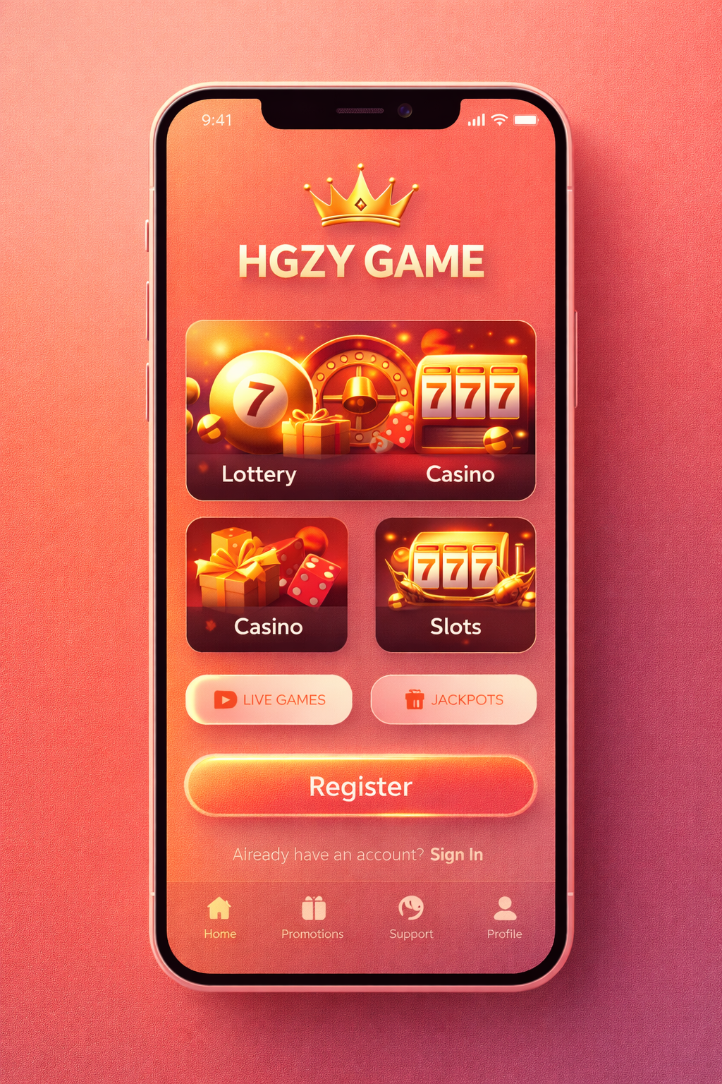 HGZY and HAZY Game game lobby showing lottery and casino categories in Night Blue theme
