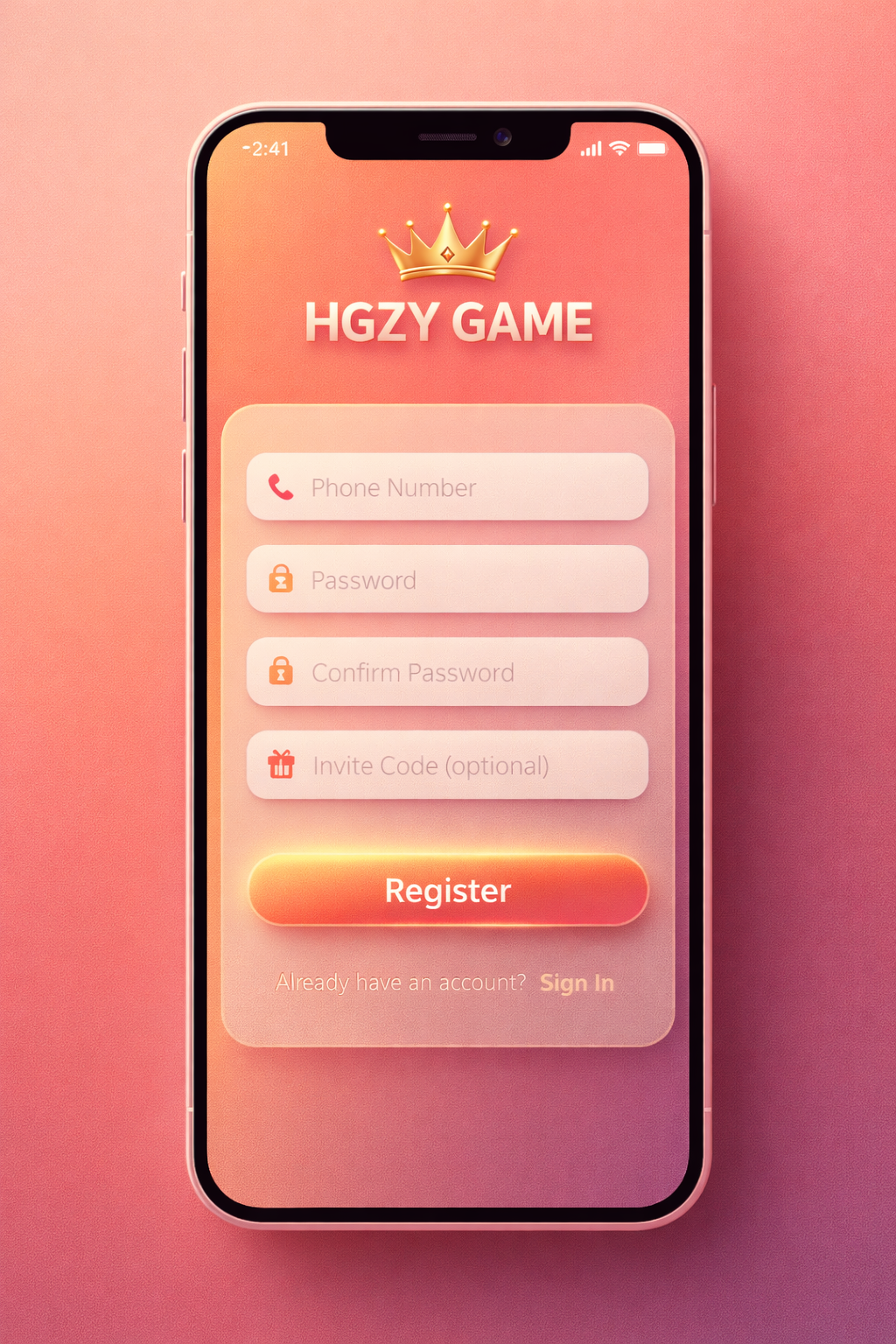 HGZY and HAZY Game registration form showing mobile number, password, and verification fields in Night Blue theme